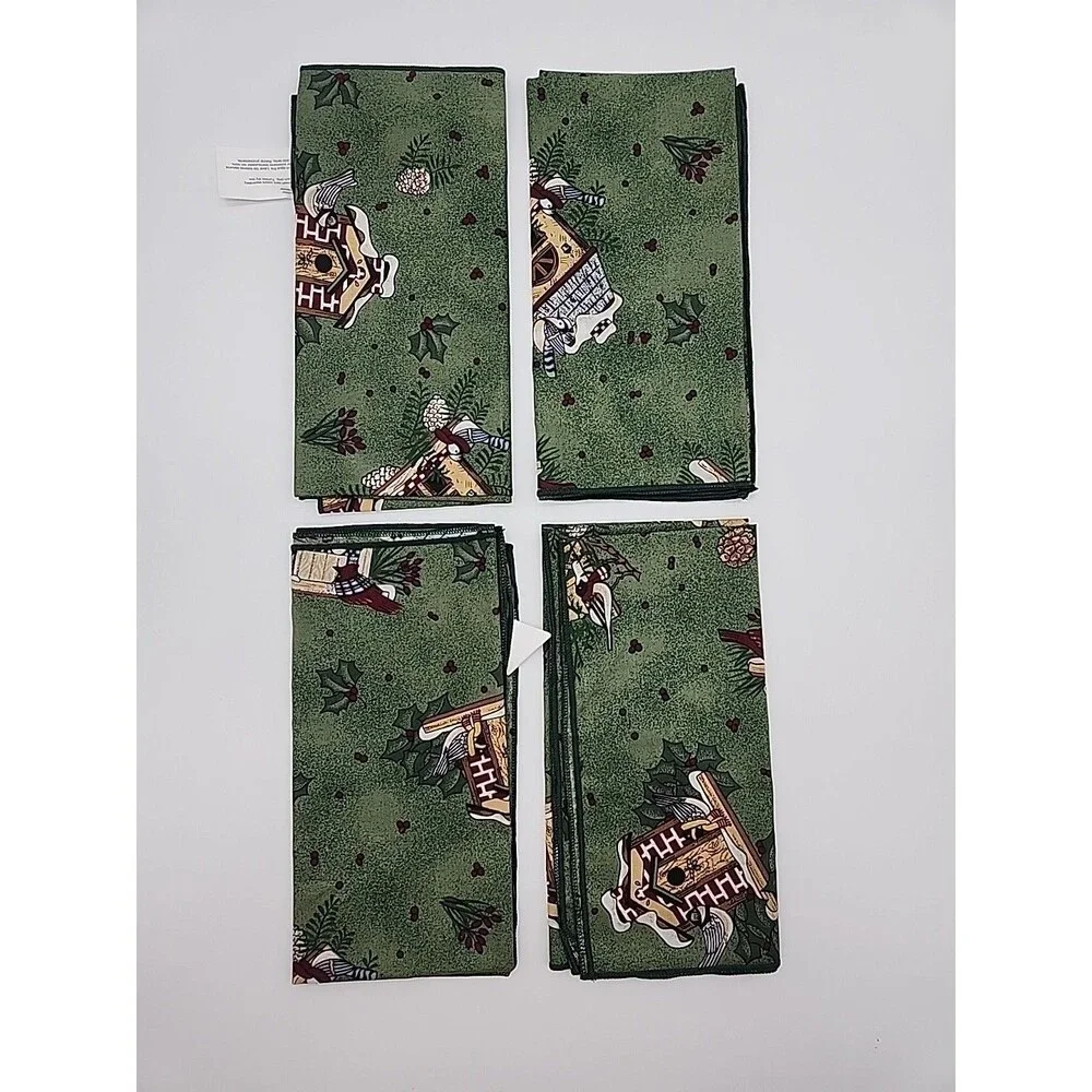 Christmas Napkins Holy Bird Cardinal Cloth Cotton Holiday Set of 4 Red & Green